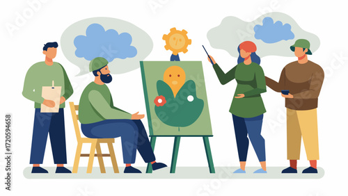 A group of veterans participating in an art therapy session using painting and drawing as a means of processing trauma and promoting emotional healing. Through their artwork they. Vector illustration