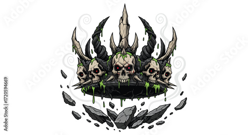 Skull Crown with Horns Green Slime Red Eyes and Floating Rocks.