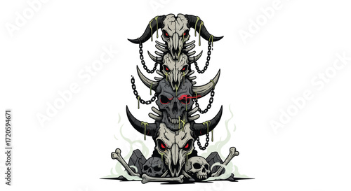 Spooky Totem of Skulls with Horns Chains and Glowing Red Eyes.