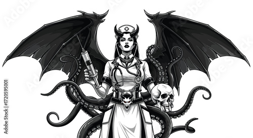 Devilish Nurse with Horns Wings Syringe Skull and Tentacles Illustration.