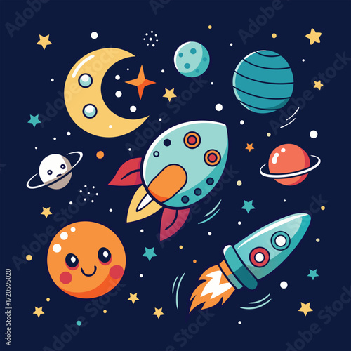 Whimsical cartoon space scene featuring a smiling crescent moon cute planets and flying rockets amidst stars and galaxies