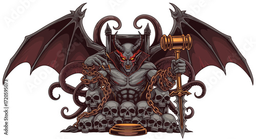 Winged Devil Enthroned on Skulls Chains and Tentacles Holding Gavel and Sword.