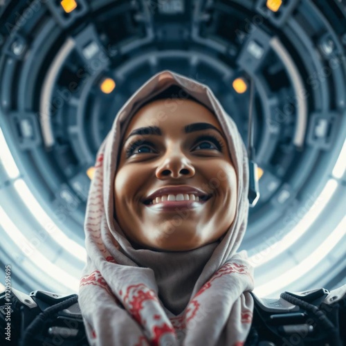 Low angle perspective, futuristic sci-fi style, advanced technology, space elements, looking up, dramatic, portrait of a smiling Arab middle eastern woman