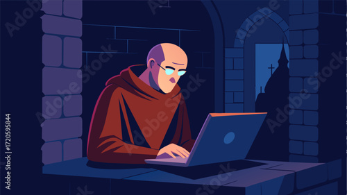 A monk stares intently at his laptop the soft glow of the screen illuminating the ornate stone walls of the monastery.. Vector illustration