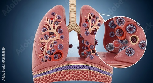 Fototapeta Naklejka Na Ścianę i Meble -  Medical illustration showcases a detailed anatomical view of infected lungs, highlighting the intricate internal structures and viral presence.