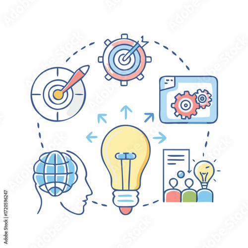 “Minimal flat outline business icons — startup, entrepreneur, brainstorming, rocket launch, innovation, idea lightbulb, teamwork, leadership, target — vector, consistent thin stroke style.”