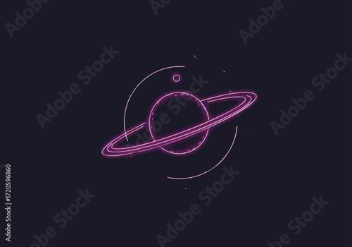 Neon Planet Saturn Illustration on Dark Background Modern Space Design