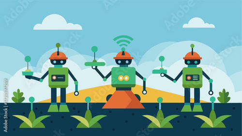 A team of soiltilling robots work in coordination communicating wirelessly to ensure even seed distribution and optimum depth of tillage for the best germination rates.. Vector illustration