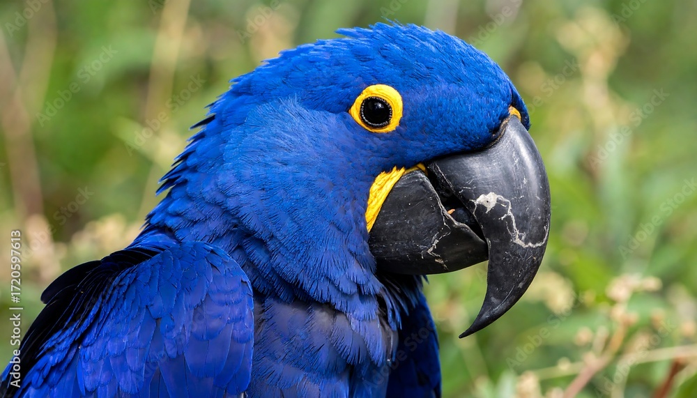 Obraz premium Vivid Hyacinth Macaw Portrait Exotic Blue Parrot Closeup in Nature.