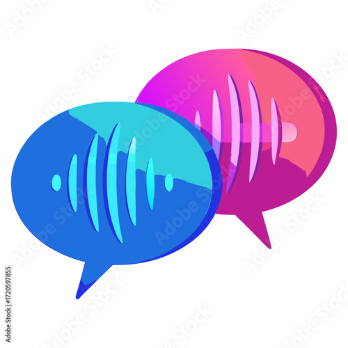 Two vibrant, overlapping speech bubbles with visible sound waves, symbolizing voice chat, audio messaging, conversation, or interactive communication