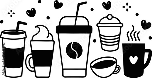 Collection of Coffee Drinks Doodle Silhouette Vector