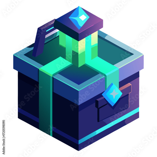 Futuristic, isometric gift box with glowing green and blue lights, representing digital rewards, mystery prizes, or a special tech offering.
