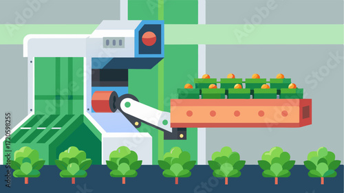 A sleek stateoftheart machine traverses a vertical farm meticulously gathering bunches of crisp lettuce heads with its automated claws.. Vector illustration
