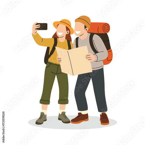 Couple of Hikers Taking a Selfie on Adventure. Illustration of two happy hikers with backpacks, one holding a map while the other takes a selfie