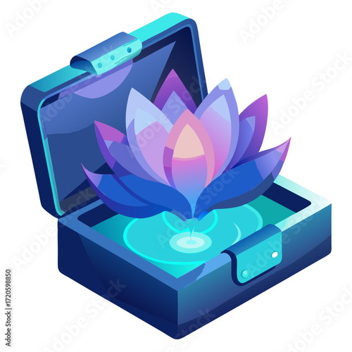 Open, futuristic box with glowing blue and pink accents, revealing a vibrant, stylized lotus flower, representing digital serenity or precious virtual content.