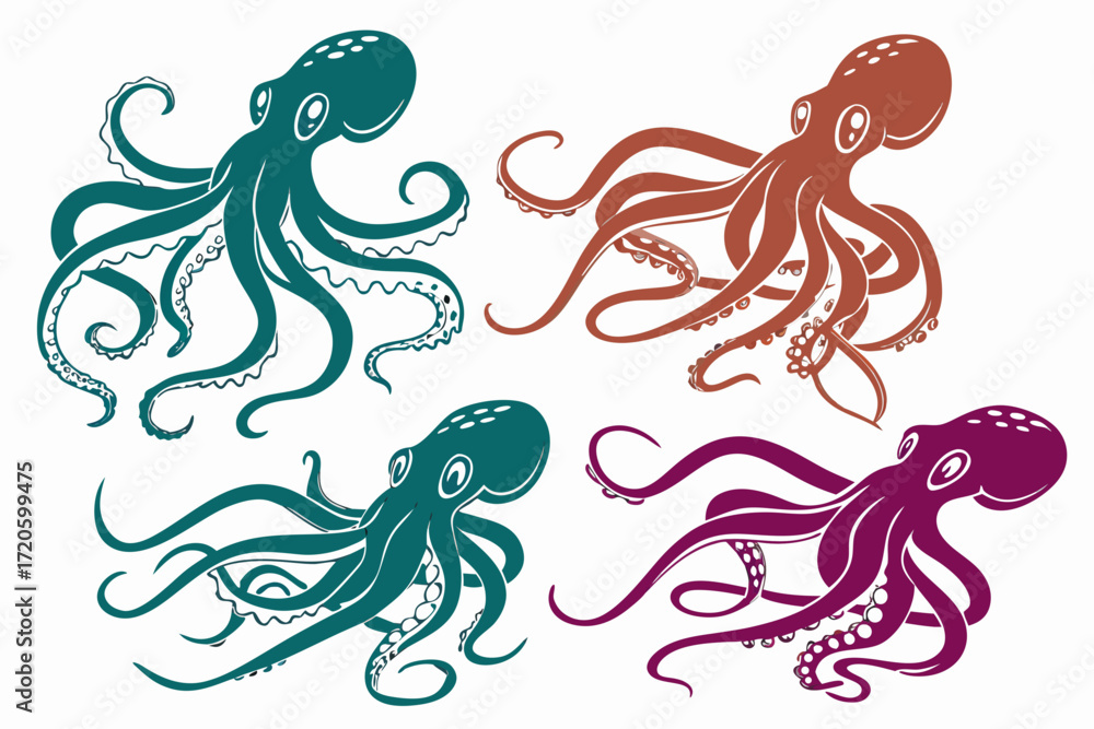 Naklejka premium set of Octopus underwater silhouette illustration isolated on white background