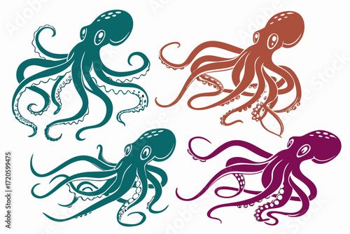 set of Octopus underwater silhouette illustration isolated on white background