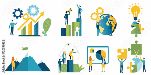 Business concept illustrations showing teamwork growth global reach strategy and achievement