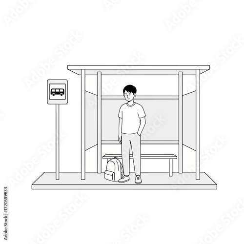 A clean minimalist vector illustration of a person waiting at a bus stop.