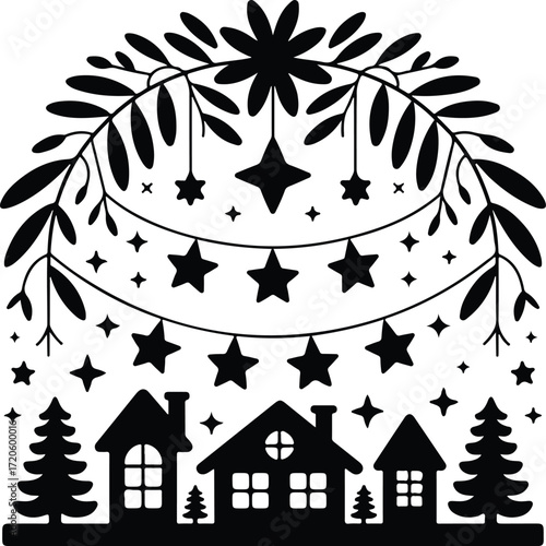 Charming winter village silhouette with star garland