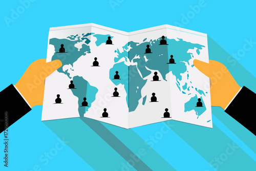 Hands holding a world map with people icons representing global connections and population distribution
