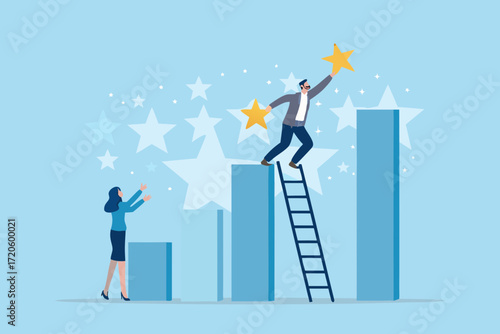 Man climbs ladder to reach stars on top of bar graph woman reaches up from below