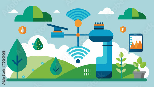 A smart irrigation system that uses realtime satellite imagery and weather data to remotely adjust watering schedules for optimum efficiency.. Vector illustration