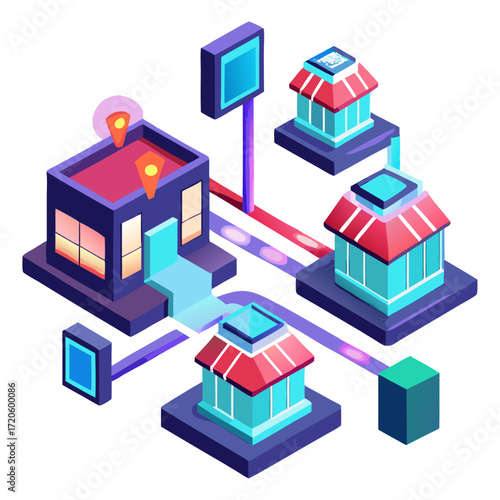 Isometric network of interconnected stylized buildings with glowing lines and map pins, symbolizing business locations, smart city networks, or franchise systems.