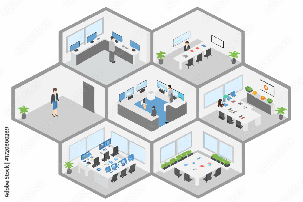 Fototapeta premium Isometric view of a modern office space with multiple rooms and employees working