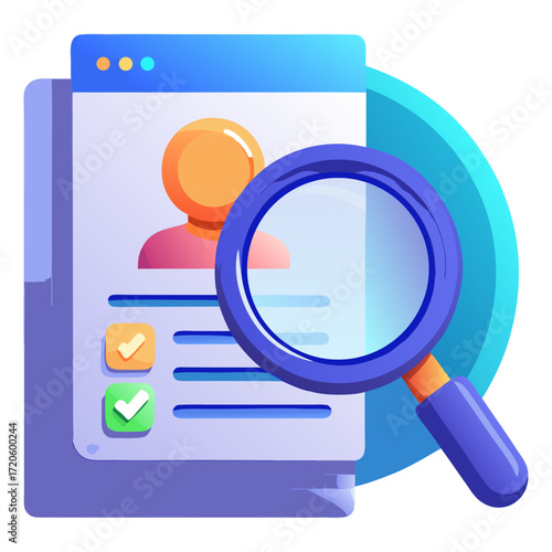 Magnifying glass over a user profile or resume document with checkmarks, symbolizing applicant screening, recruitment, or personal data review.