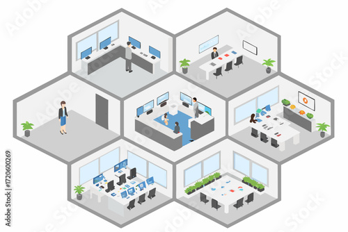 Isometric view of a modern office space with multiple rooms and employees working