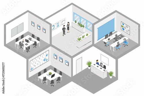 Isometric view of a modern office space with multiple meeting rooms and reception area