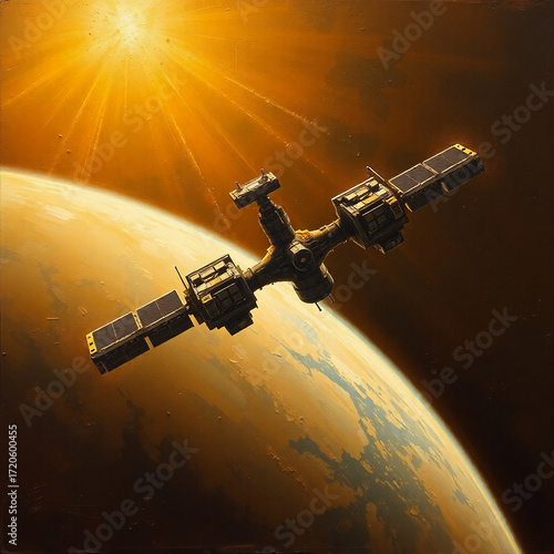 Space station orbiting Earth, warm golden glow, classic oil painting style, rich textures, visible brushstrokes, radiant and luxurious, deep browns and golds