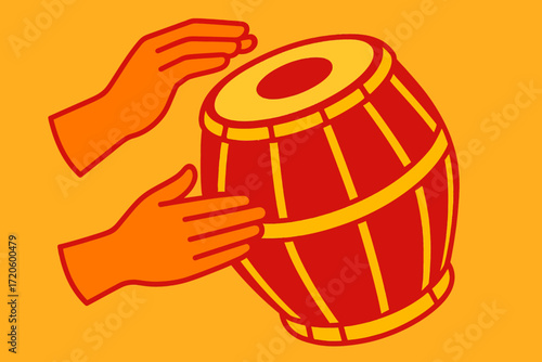 Cartoon Style African Drum with Hands Playing Traditional Percussion Instrument