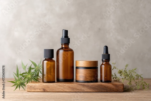 Minimalist hemp oil product display featuring glass bottles and jars arranged on smooth wooden board under soft studio lighting, showcasing natural wellness and eco-friendly concepts