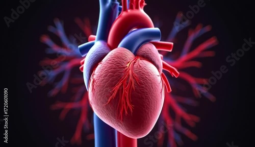 illustration of a realistic human heart with detailed arteries and veins in vivid colors for medical visualization