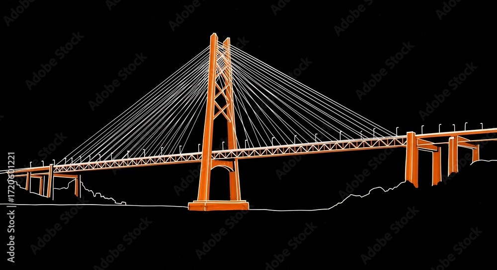 Fototapeta premium Bridge Construction Action, Engineering Marvel, Urban Landscape, Illustration