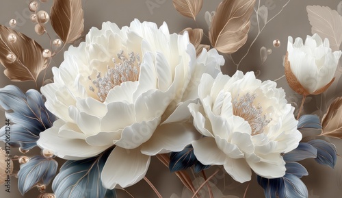 A delicate arrangement of three vibrant white peonies, highlighted by intricate gold and teal details, on a muted taupe backdrop.