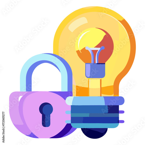 Padlock icon beside a glowing lightbulb, symbolizing intellectual property protection, secure innovation, confidential ideas, or patented concepts.