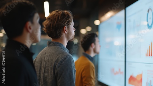 Modern business team reviewing real-time erp dashboard and marketing charts on large screen, illustrating enterprise strategy, digital transformation, and data-driven planning in corporate office