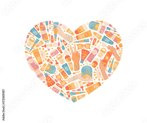 Flat heart banner with sunscreen, cream, spf bottle, lotion, spray, sun and tube. Heart shape skincare product concept, cosmetic skin protection, summer graphic, banner design, beauty care.
