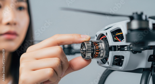 focused female technician inspects small drone motor component to ensure precise assembly and optimal flight functionality in modern technological workspace