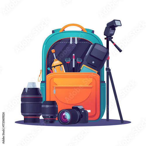 vector illustration of a backpack and tools