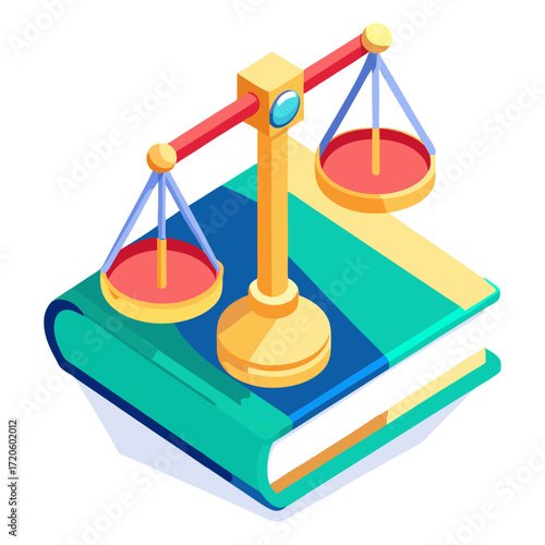 Isometric Scales of Justice resting atop a law book, representing legal authority, fairness, ethics, and judicial processes.
