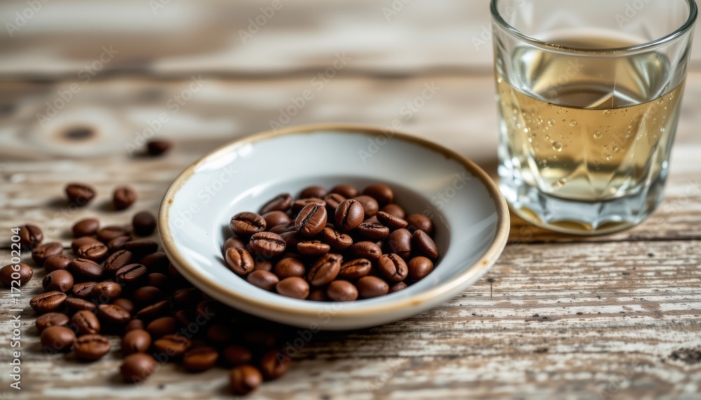 Fototapeta premium Coffee beans and refreshing drink rustic kitchen photography cozy environment close-up view culinary concept
