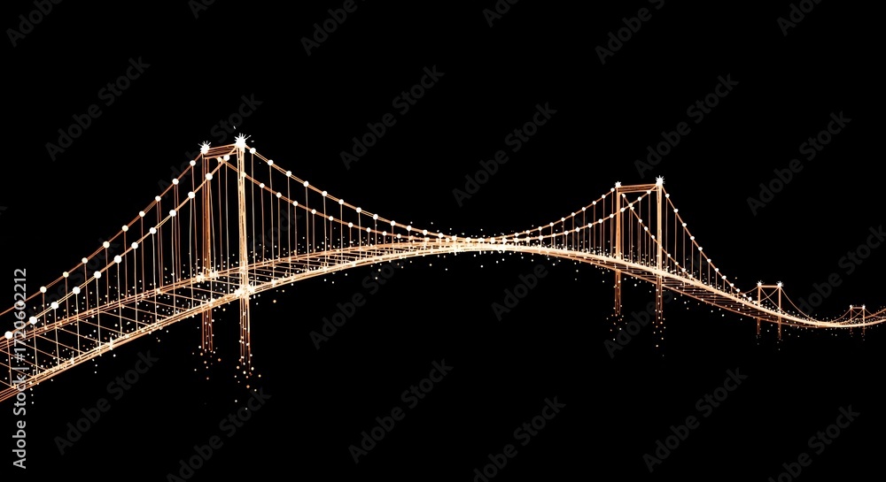 Fototapeta premium Suspension Bridge Night Lights: A mesmerizing visual of a suspension bridge aglow against the dark, starry night. The lines and light creates a sense of connectivity and modern design
