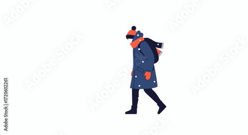Flat illustration of a person walking in winter clothes with a backpack against a white background.