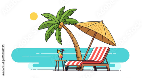 Tropical beach scene with palm tree, sun, cocktail, beach chair, and umbrella.