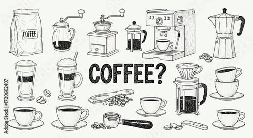 A comprehensive collection of hand-drawn illustrations depicting various coffee brewing methods, equipment, and beverages, with the word 'COFFEE?' in the center.
