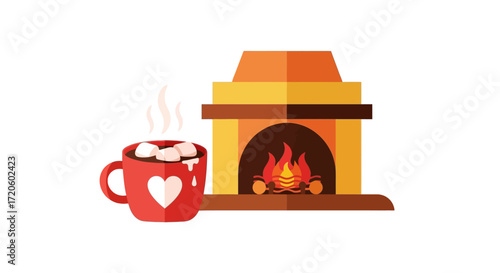 Cozy scene of hot chocolate with marshmallows by a fireplace.